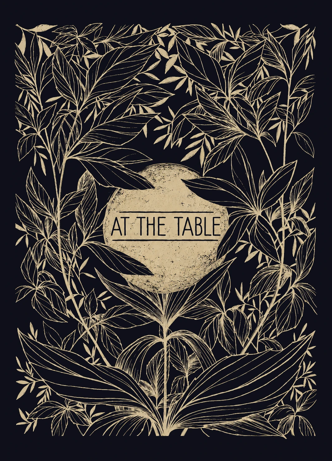 AT THE TABLE packaging front with gold botanical artwork on a dark background